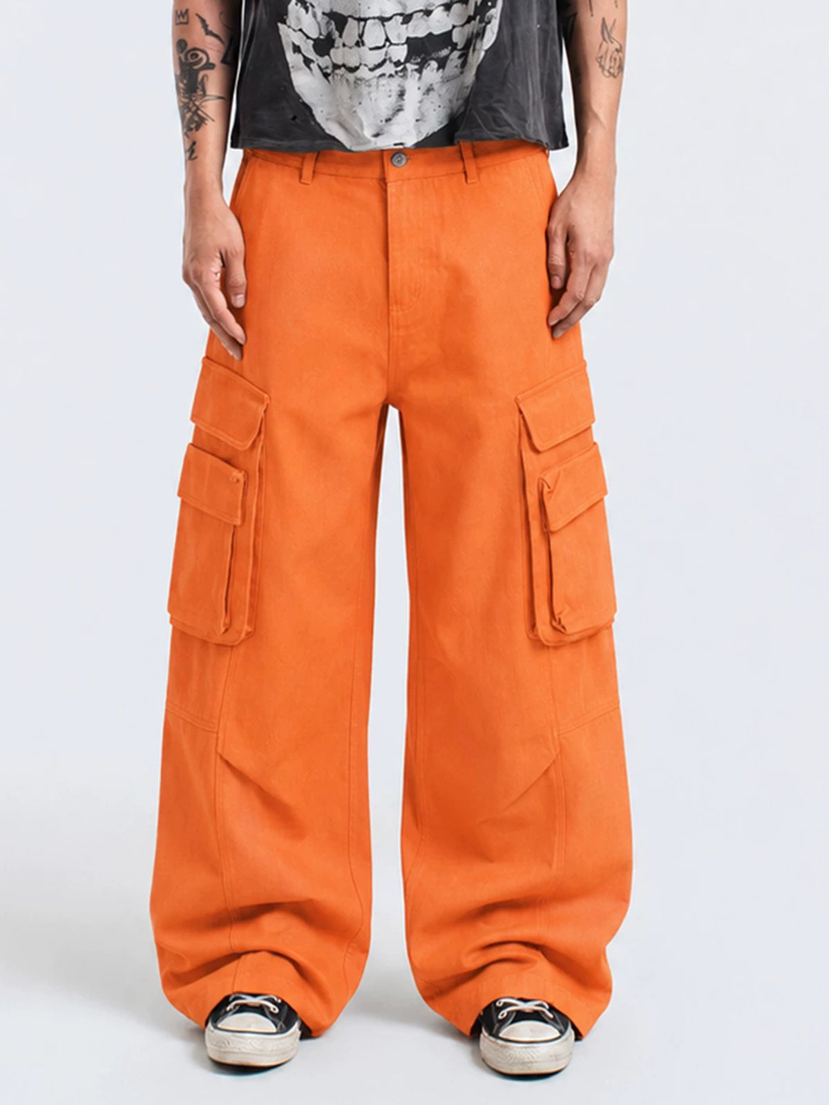 Co-ed Dorm Wide-leg Multi-Pocket Cargo Pants - Orange