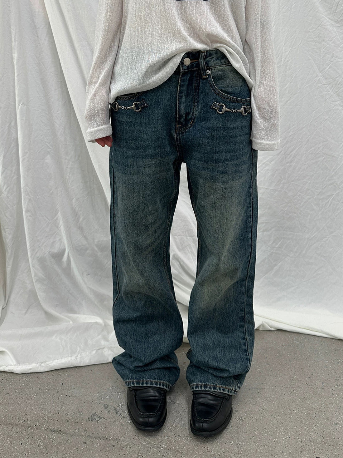 Co-ed Dorm Wide-leg Washed Graphic Denim Pants - Green