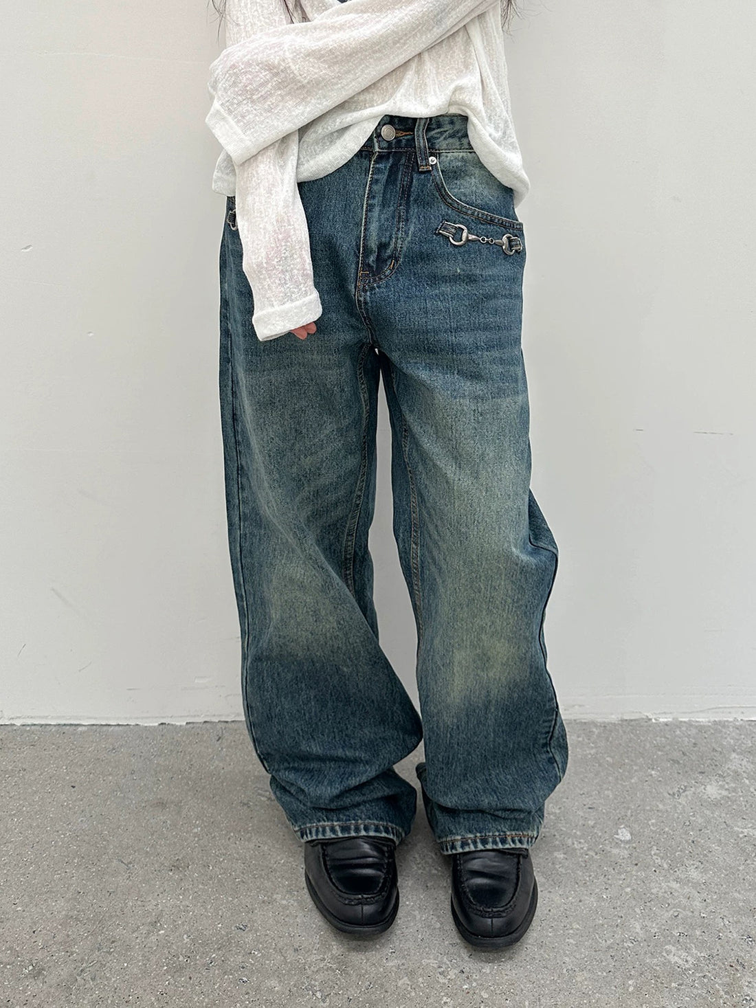 Co-ed Dorm Wide-leg Washed Graphic Denim Pants - Green