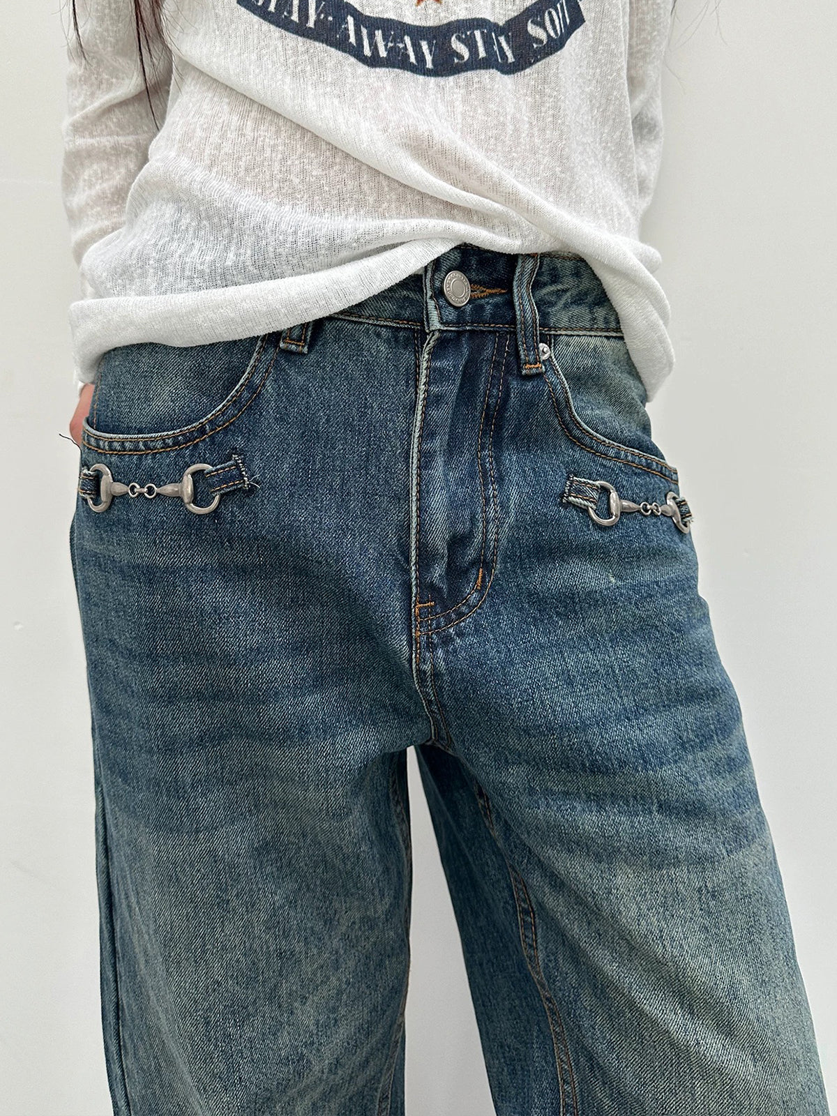 Co-ed Dorm Wide-leg Washed Graphic Denim Pants - Green