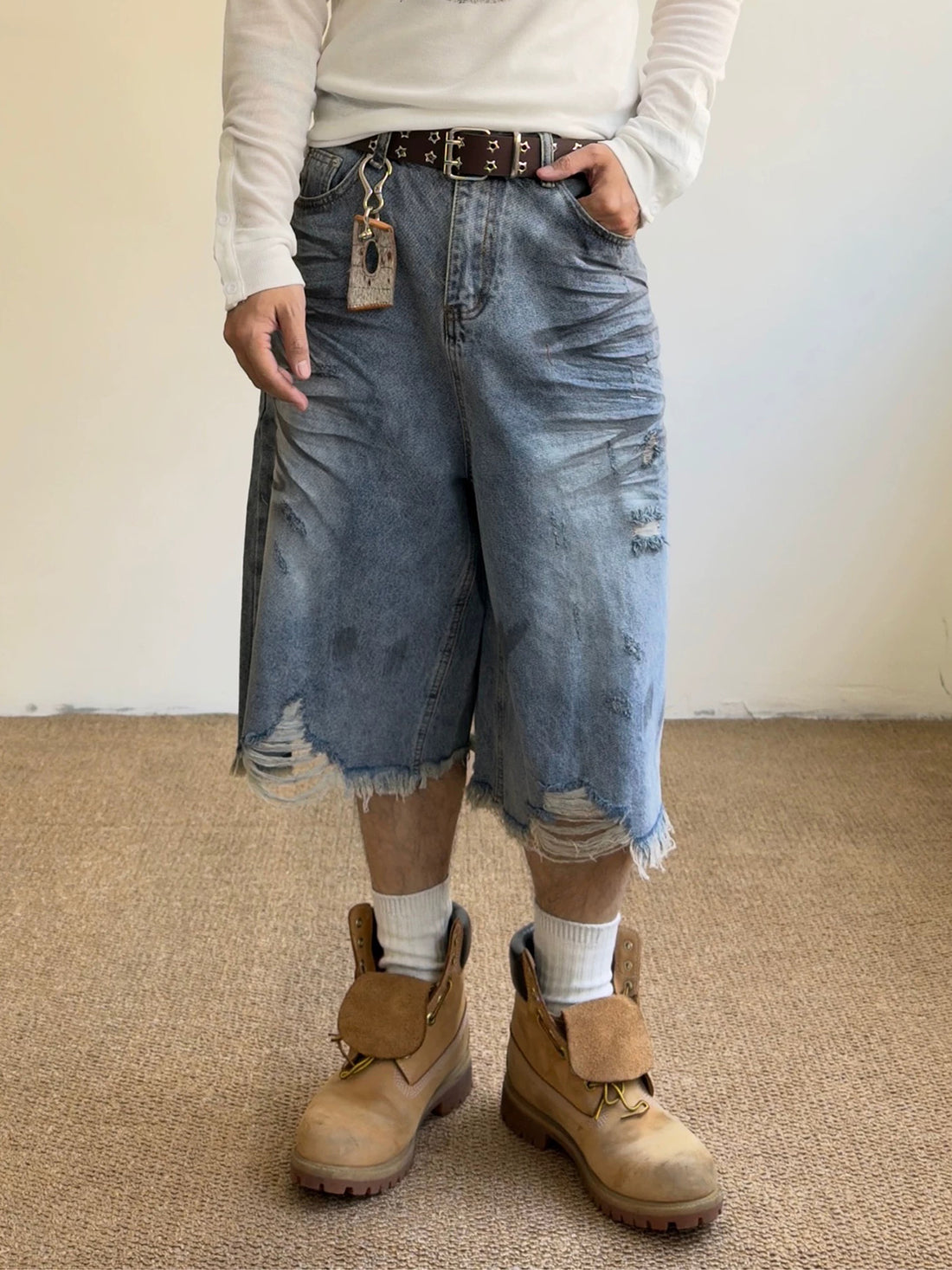 Co-ed Dorm Wide-leg Distressed Washed Denim Shorts - Blue