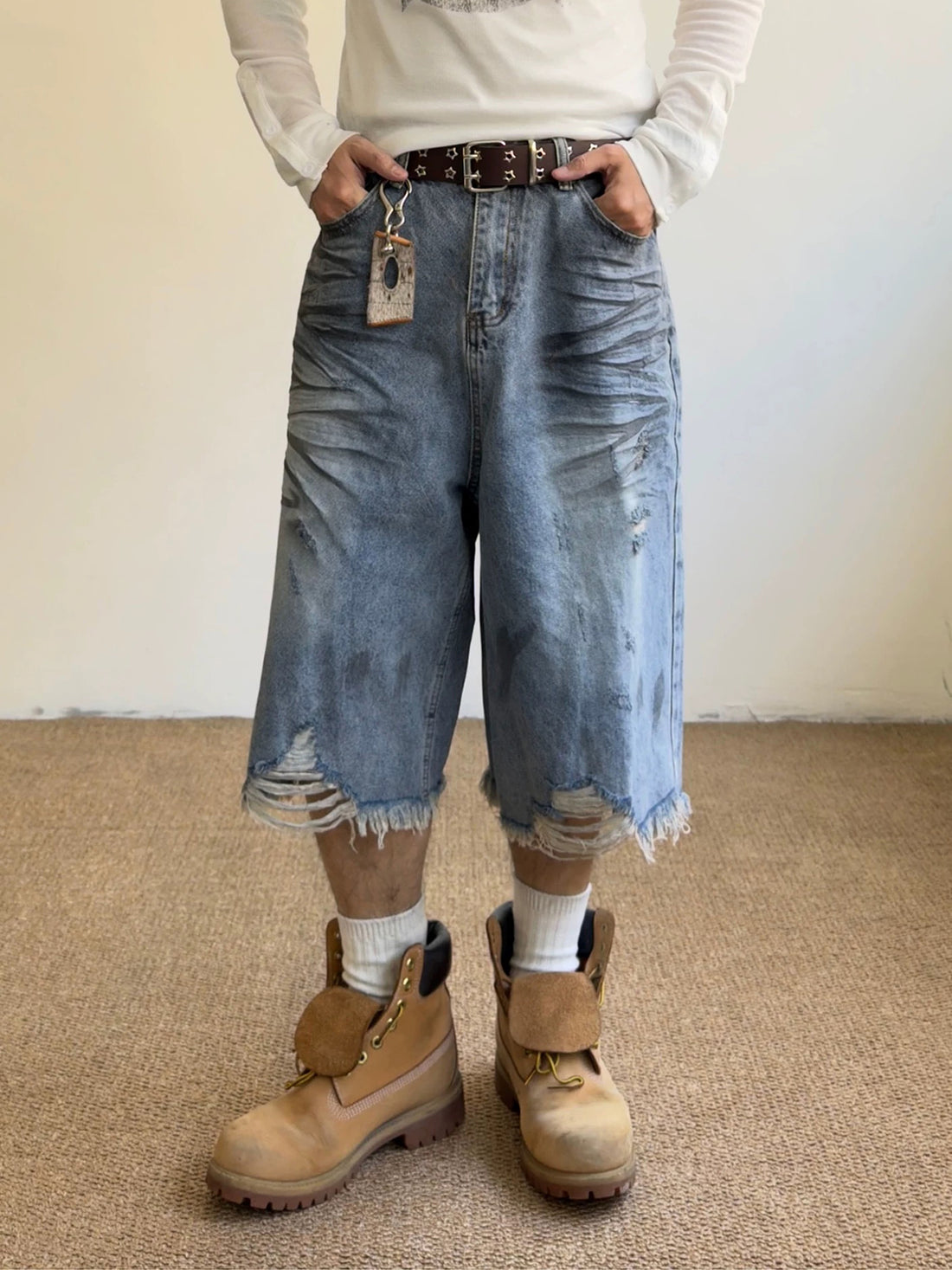 Co-ed Dorm Wide-leg Distressed Washed Denim Shorts - Blue