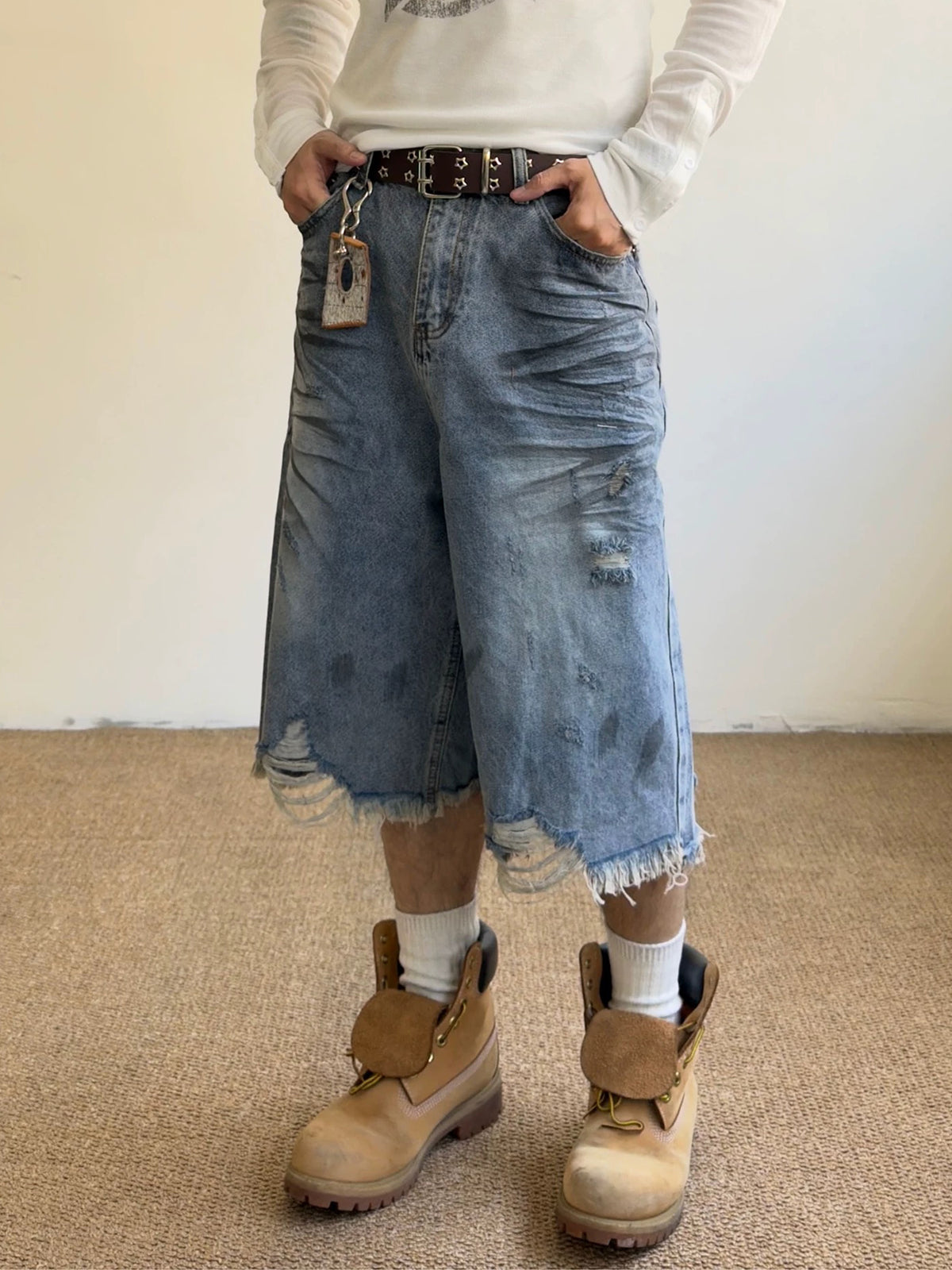 Co-ed Dorm Wide-leg Distressed Washed Denim Shorts - Blue
