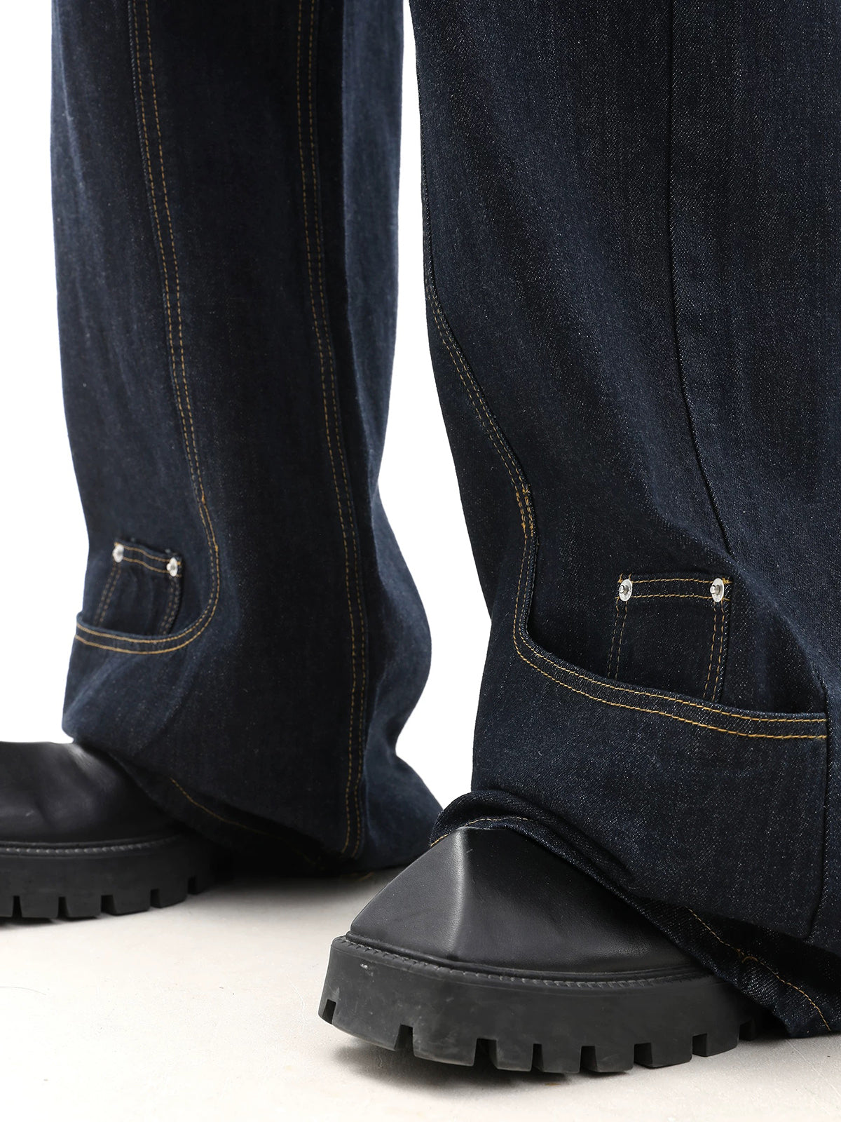 Co-ed Dorm Wide-leg Rivet Studded Washed Denim Pants - Black