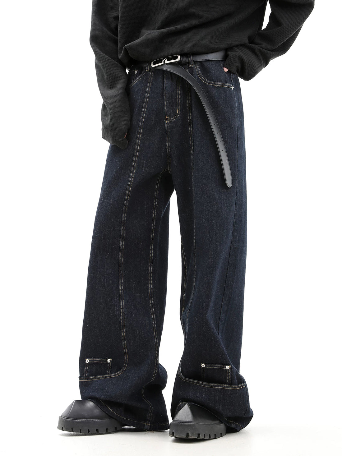 Co-ed Dorm Wide-leg Rivet Studded Washed Denim Pants - Black