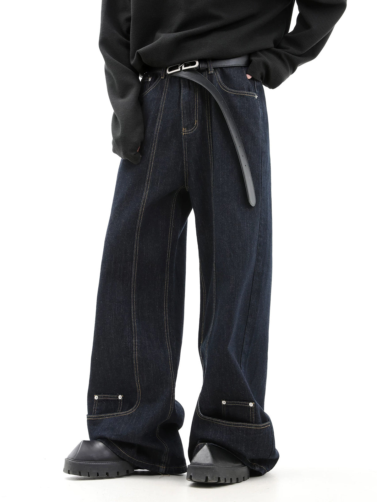 Co-ed Dorm Wide-leg Rivet Studded Washed Denim Pants - Black