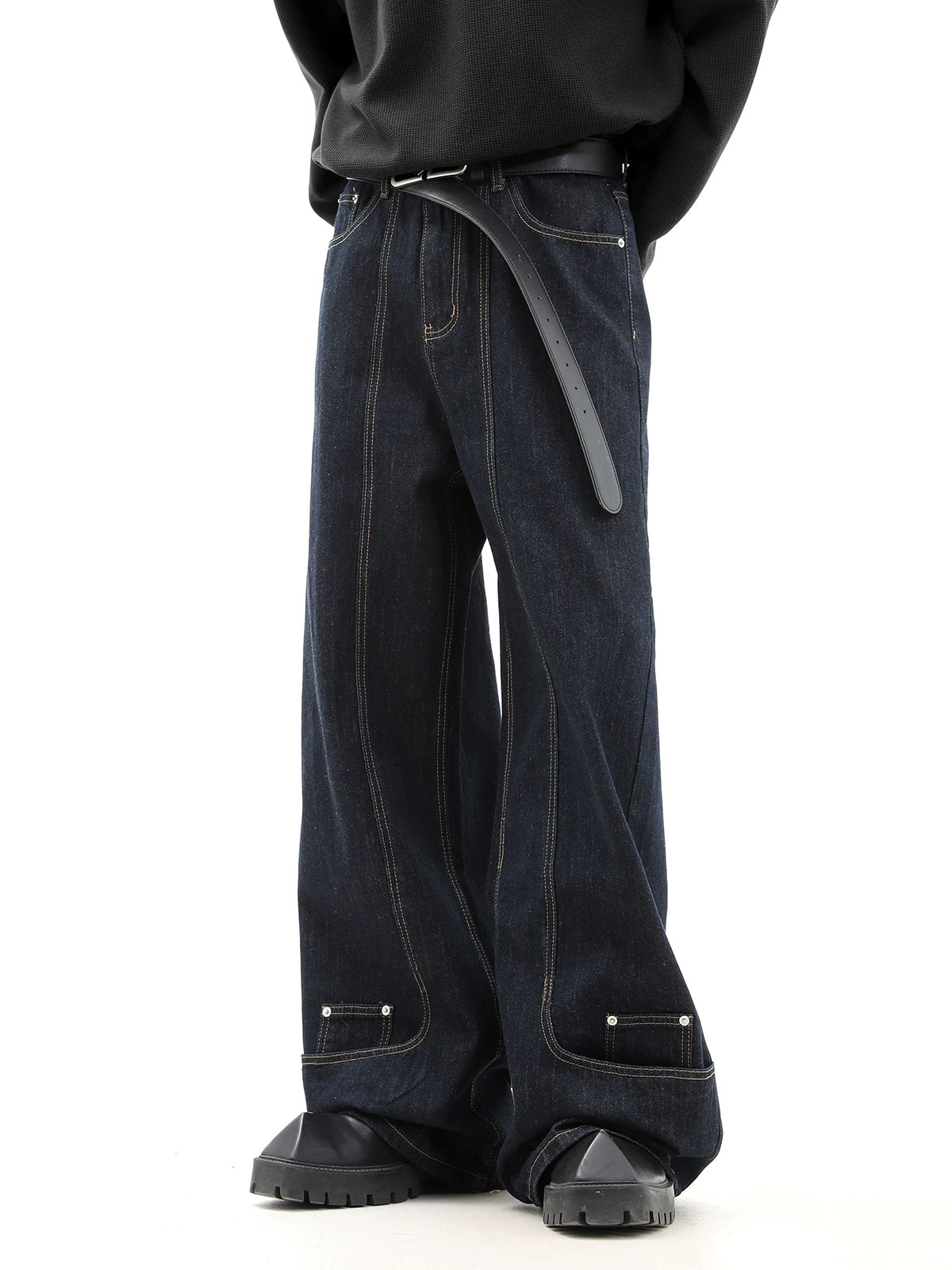 Co-ed Dorm Wide-leg Rivet Studded Washed Denim Pants - Black