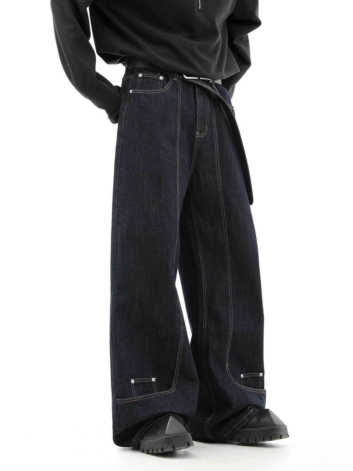 Co-ed Dorm Wide-leg Rivet Studded Washed Denim Pants - Black