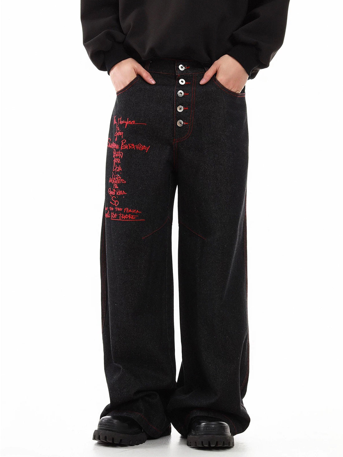 Co-ed Dorm Wide-leg Double-Breasted Gothic Embroidery Denim Pants - Black