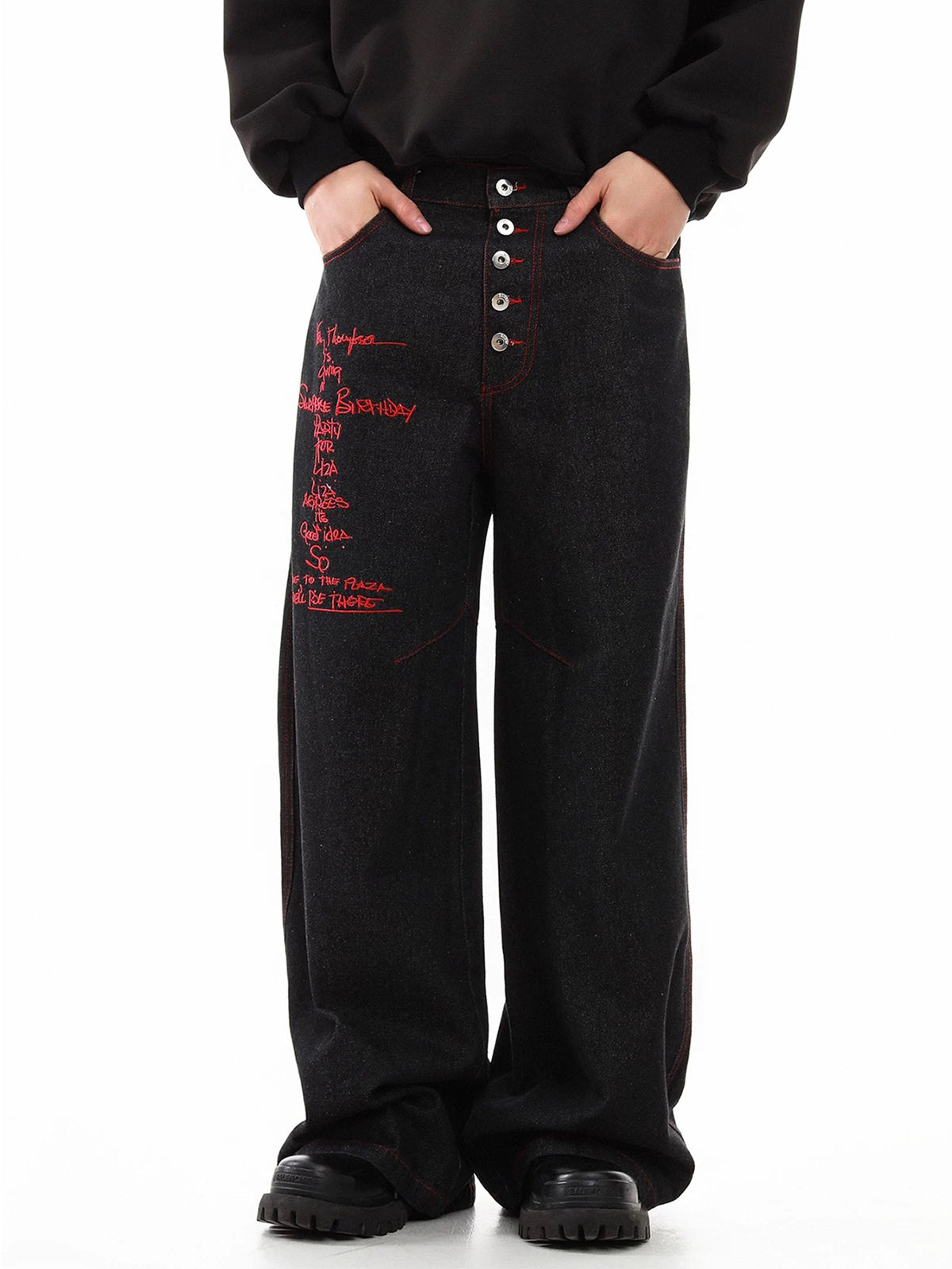 Co-ed Dorm Wide-leg Double-Breasted Gothic Embroidery Denim Pants - Black