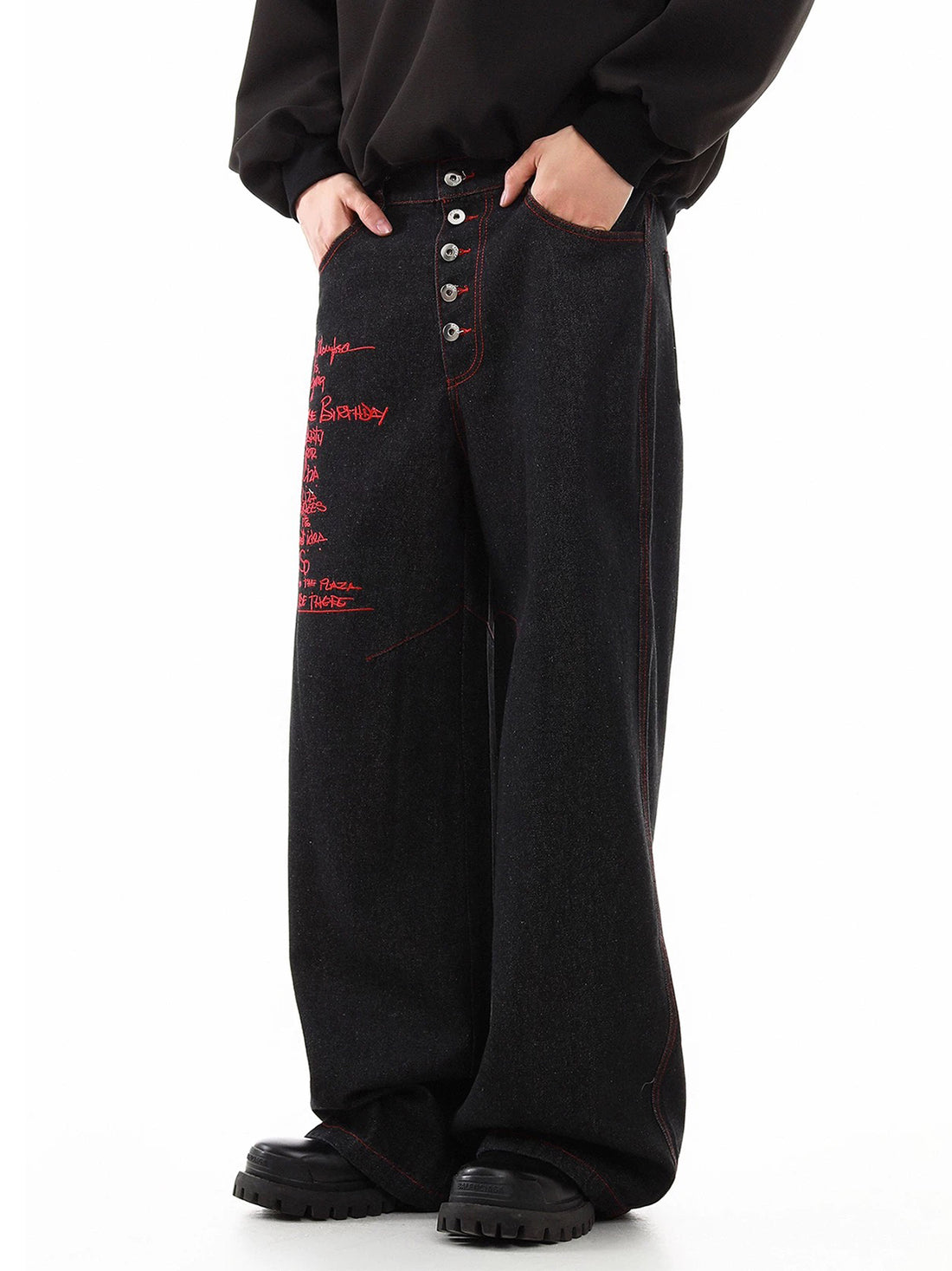 Co-ed Dorm Wide-leg Double-Breasted Gothic Embroidery Denim Pants - Black
