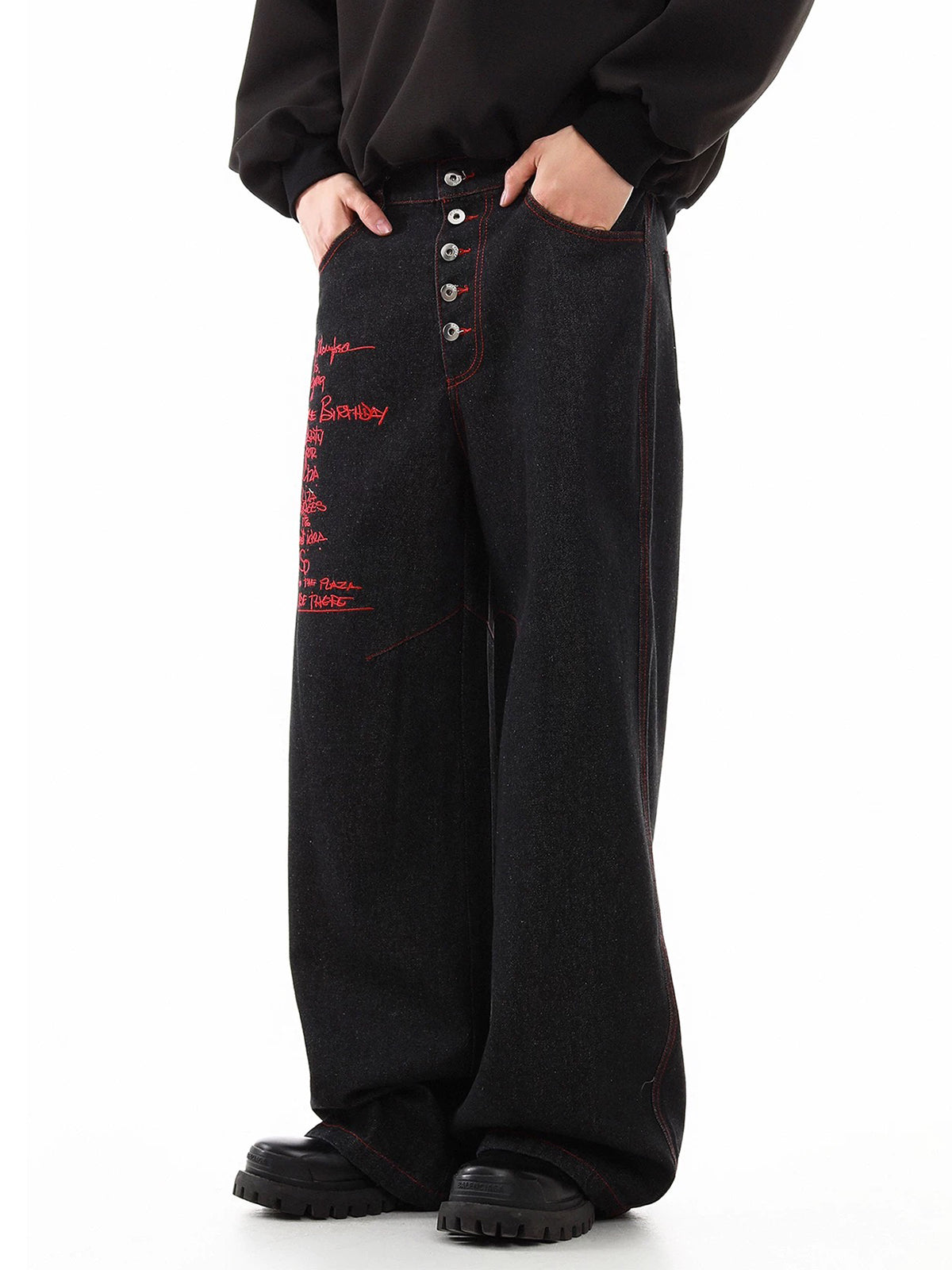 Co-ed Dorm Wide-leg Double-Breasted Gothic Embroidery Denim Pants - Black