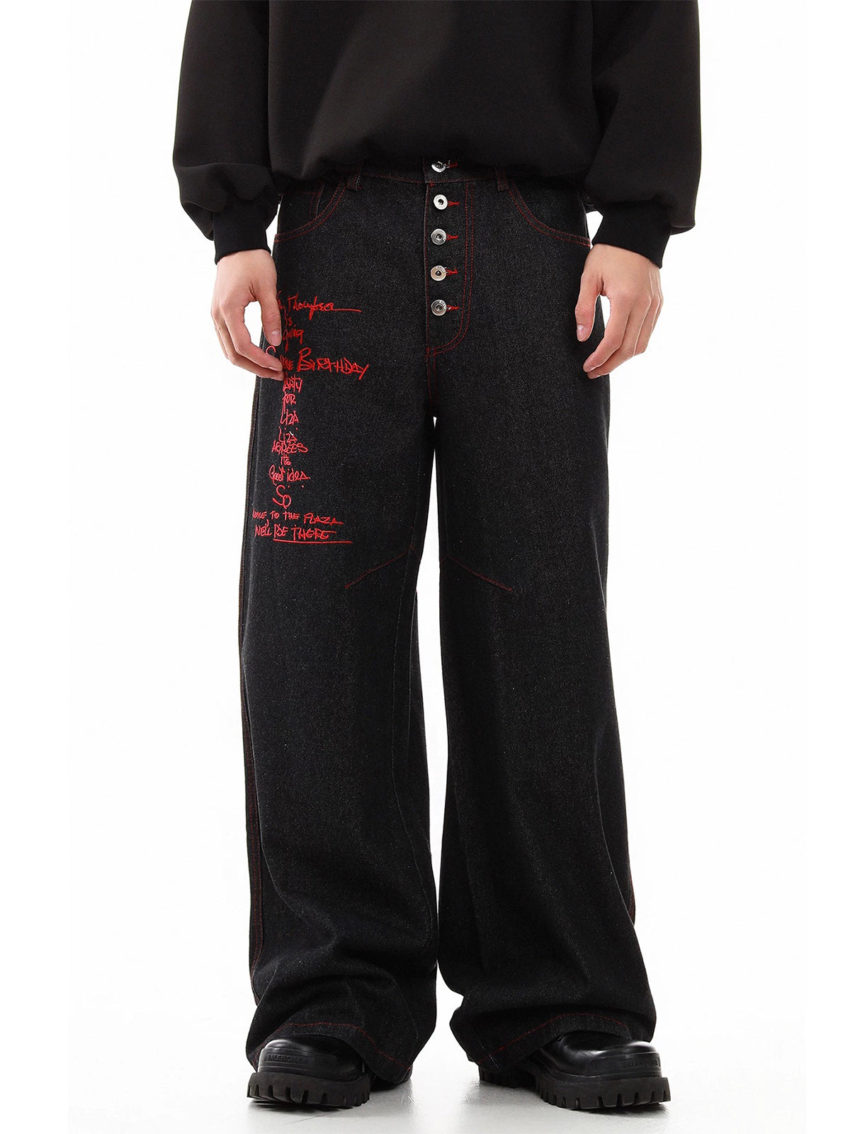 Co-ed Dorm Wide-leg Double-Breasted Gothic Embroidery Denim Pants - Black