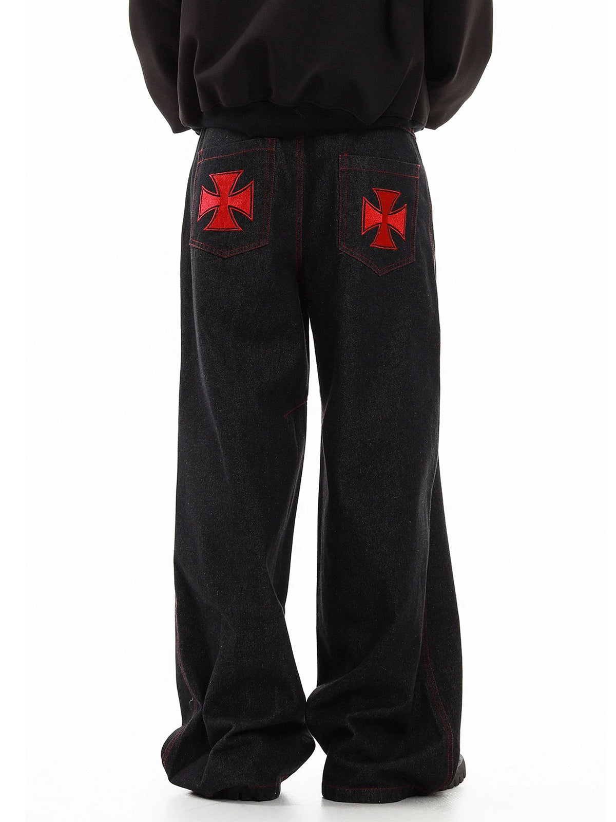 Co-ed Dorm Wide-leg Double-Breasted Gothic Embroidery Denim Pants - Black