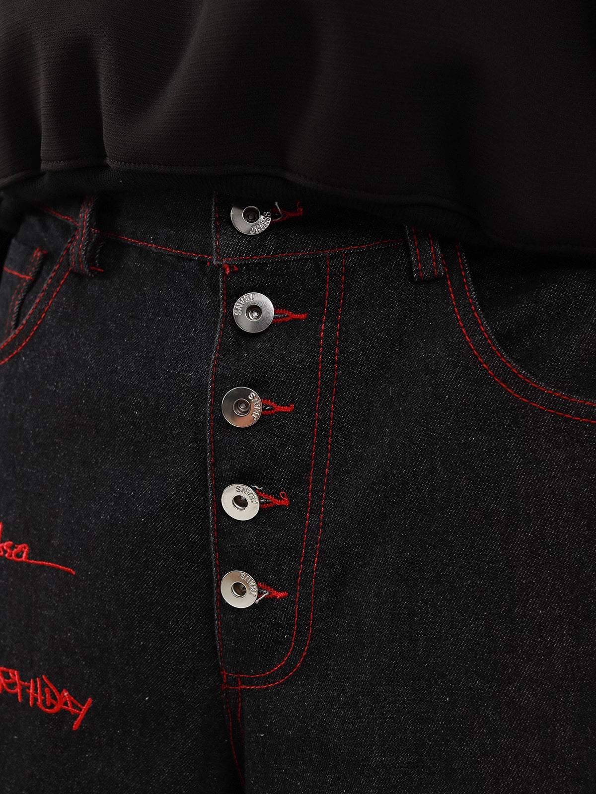 Co-ed Dorm Wide-leg Double-Breasted Gothic Embroidery Denim Pants - Black