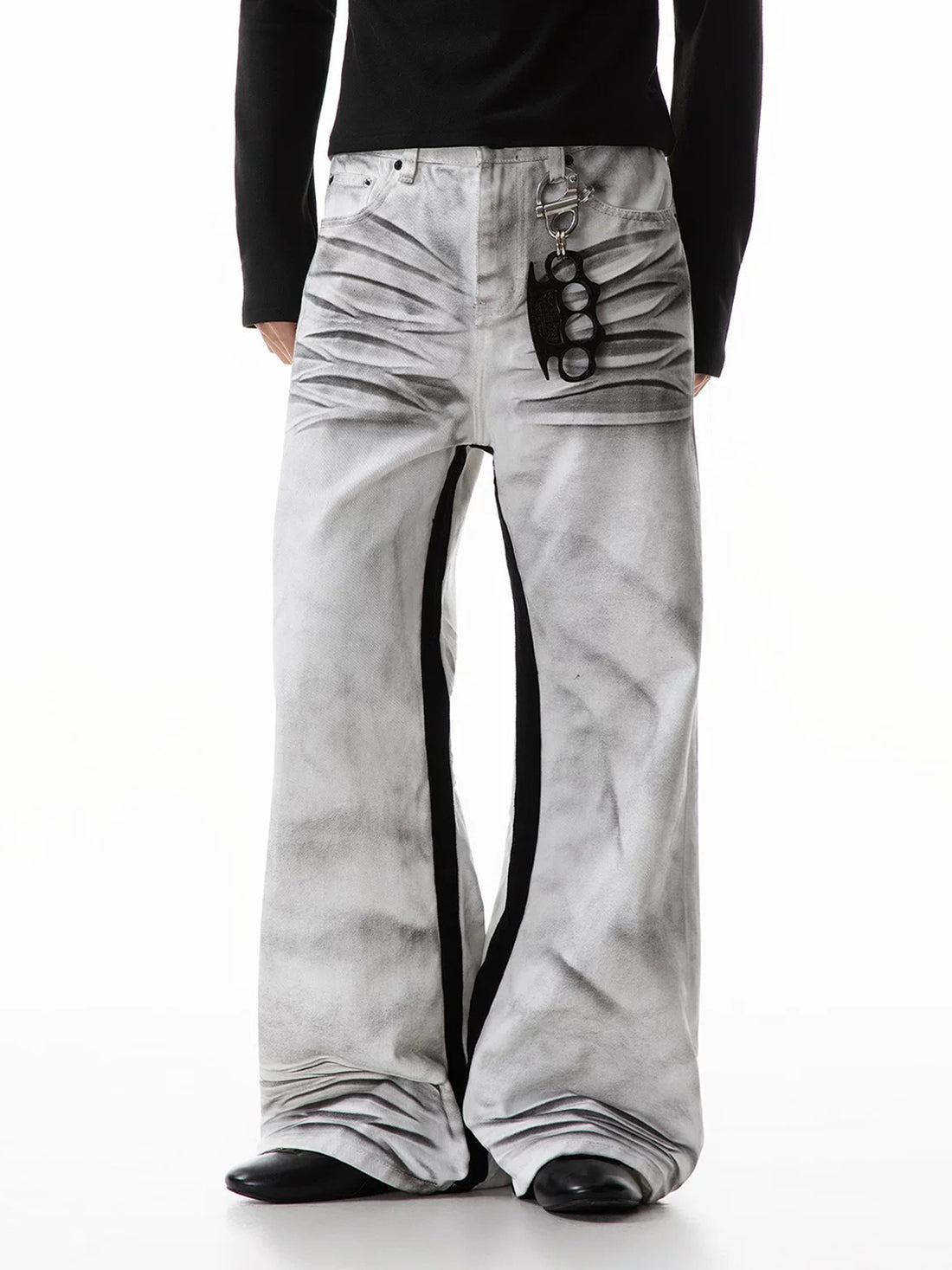 Co-ed Dorm Wide-leg Newspaper Graphic Washed Denim Pants - Grey