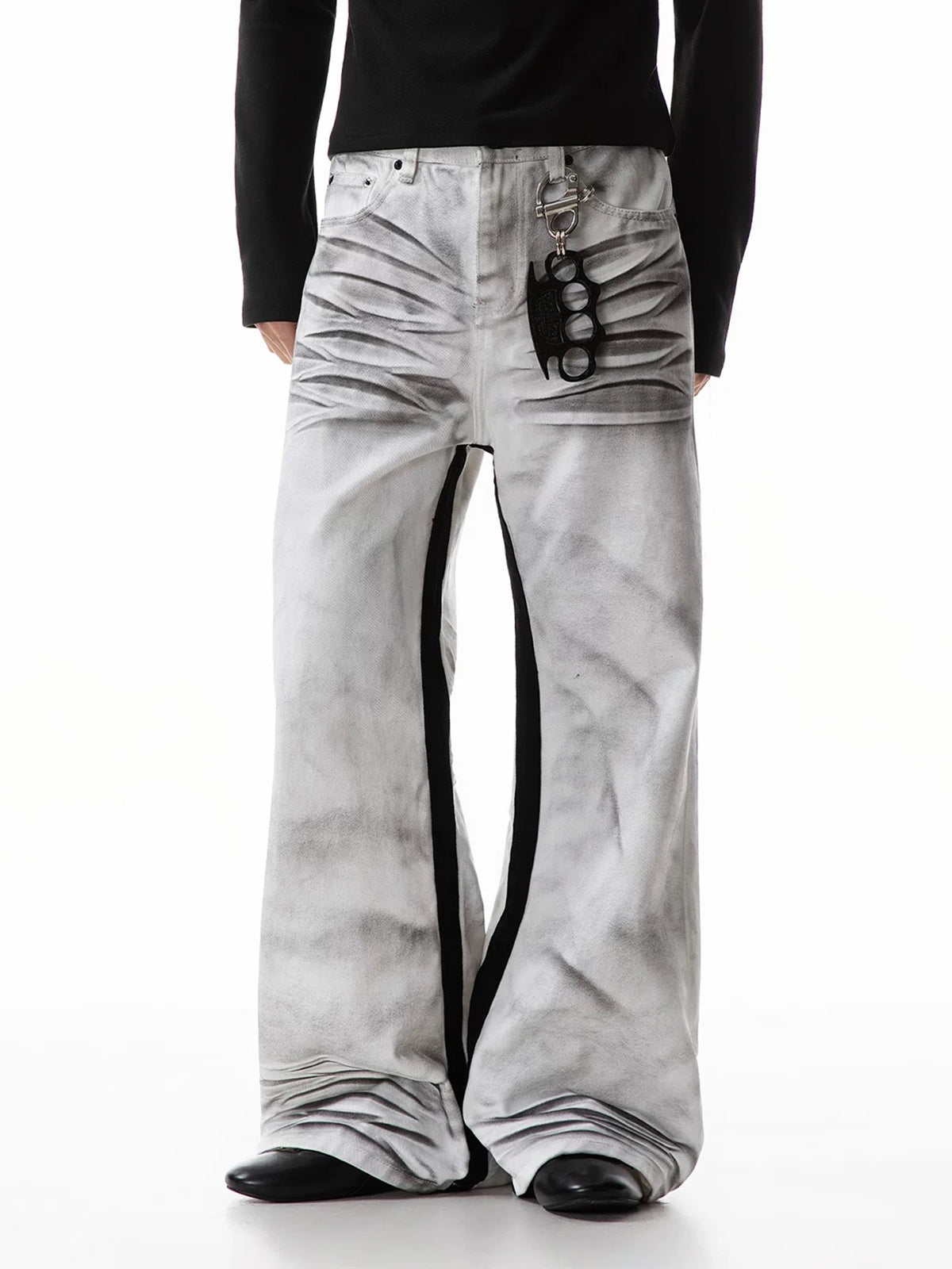 Co-ed Dorm Wide-leg Newspaper Graphic Washed Denim Pants - Grey