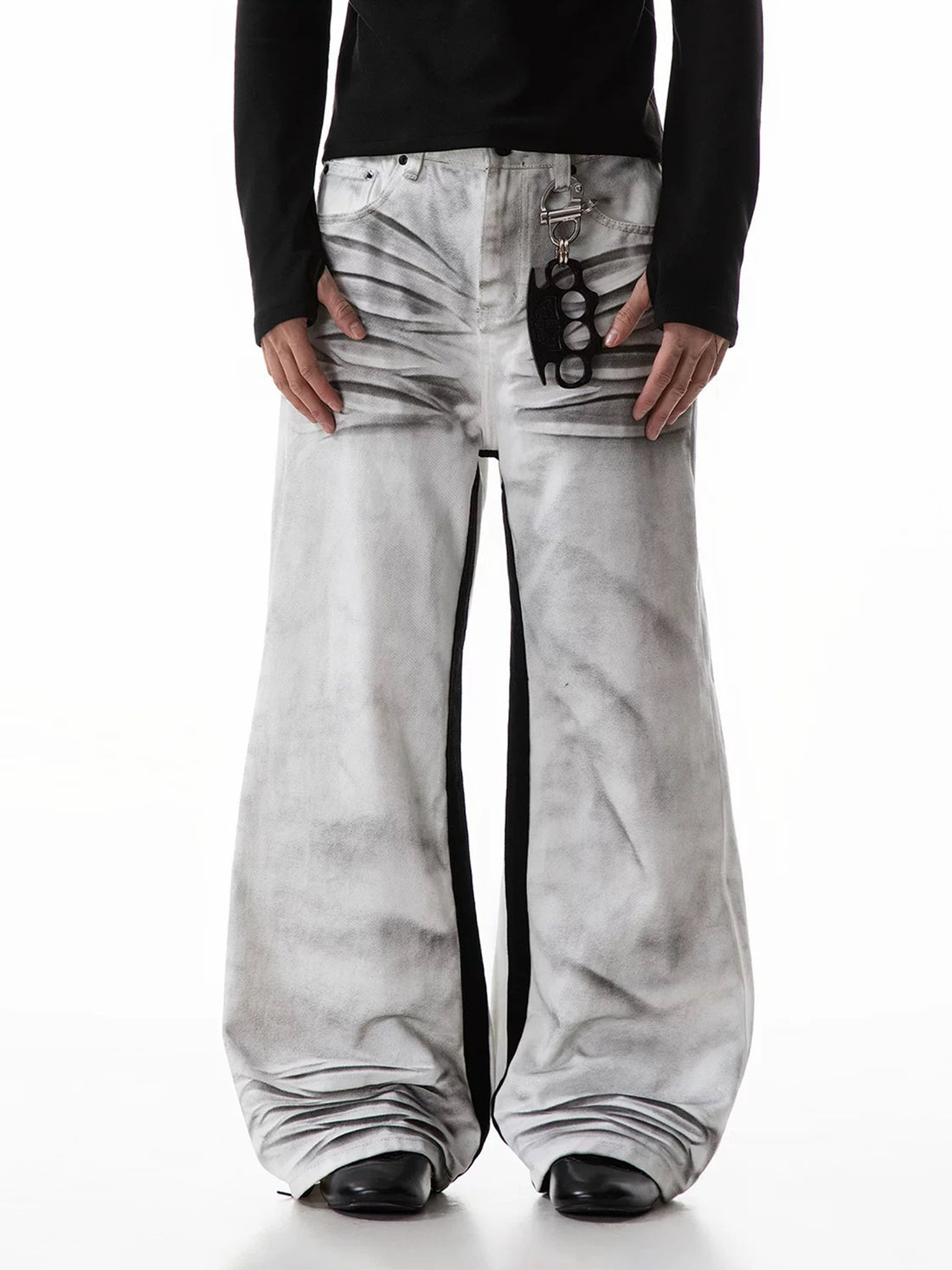 Co-ed Dorm Wide-leg Newspaper Graphic Washed Denim Pants - Grey