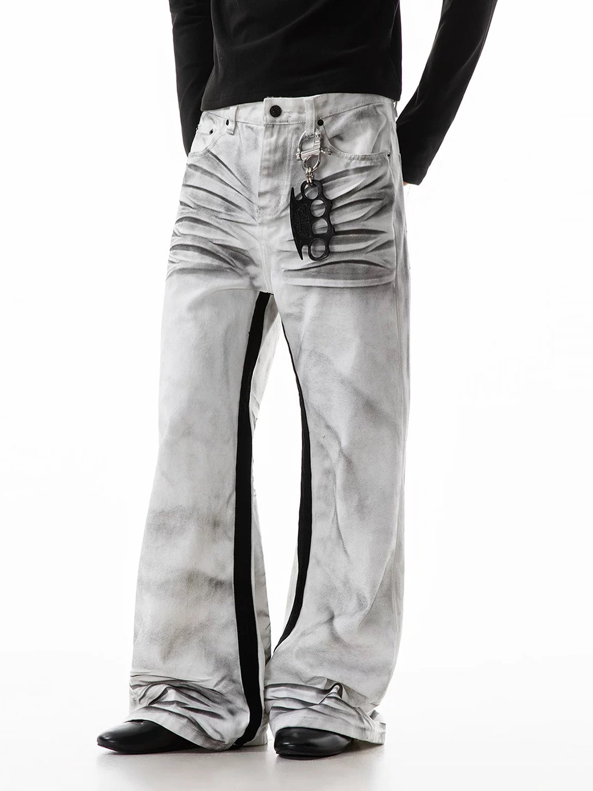 Co-ed Dorm Wide-leg Newspaper Graphic Washed Denim Pants - Grey