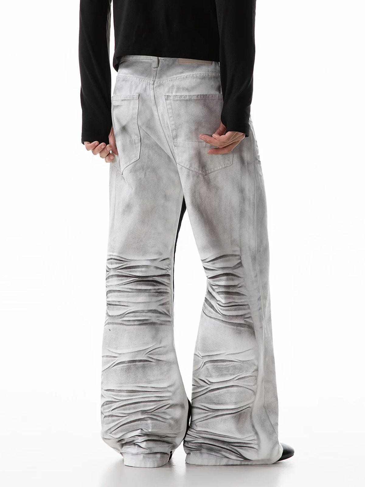 Co-ed Dorm Wide-leg Newspaper Graphic Washed Denim Pants - Grey