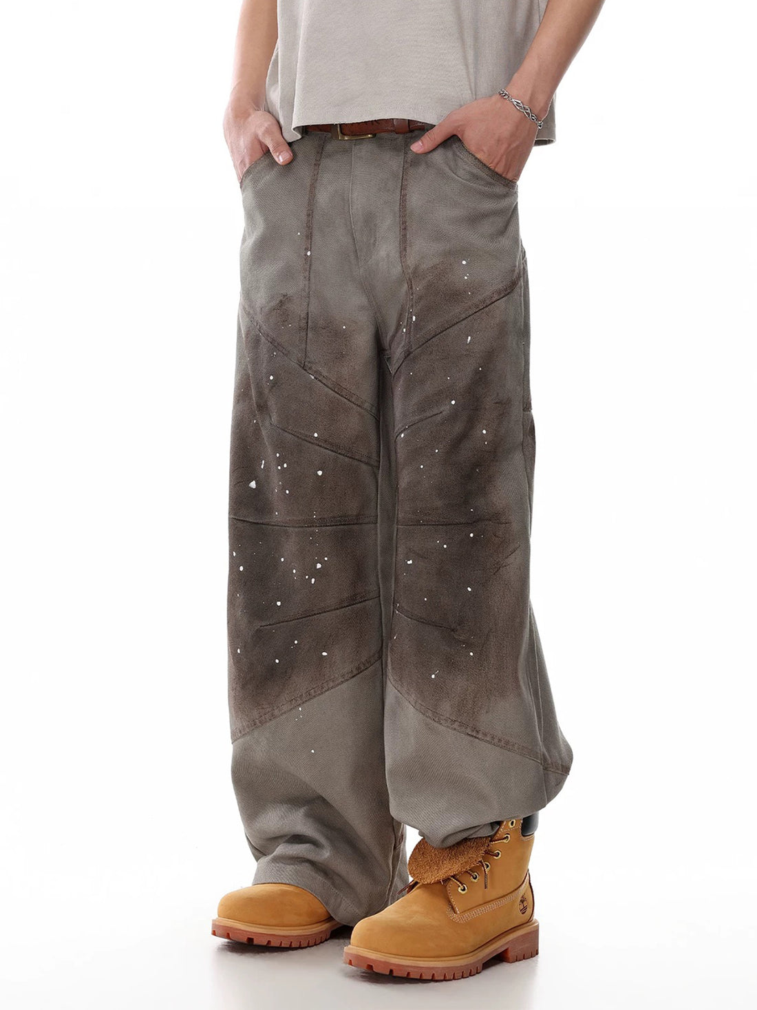 Co-ed Dorm Wide-leg Mud-Washed Graphic Cargo Pants - Brown