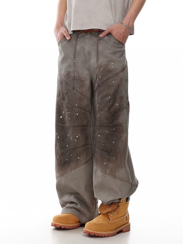 Co-ed Dorm Wide-leg Mud-Washed Graphic Cargo Pants - Brown