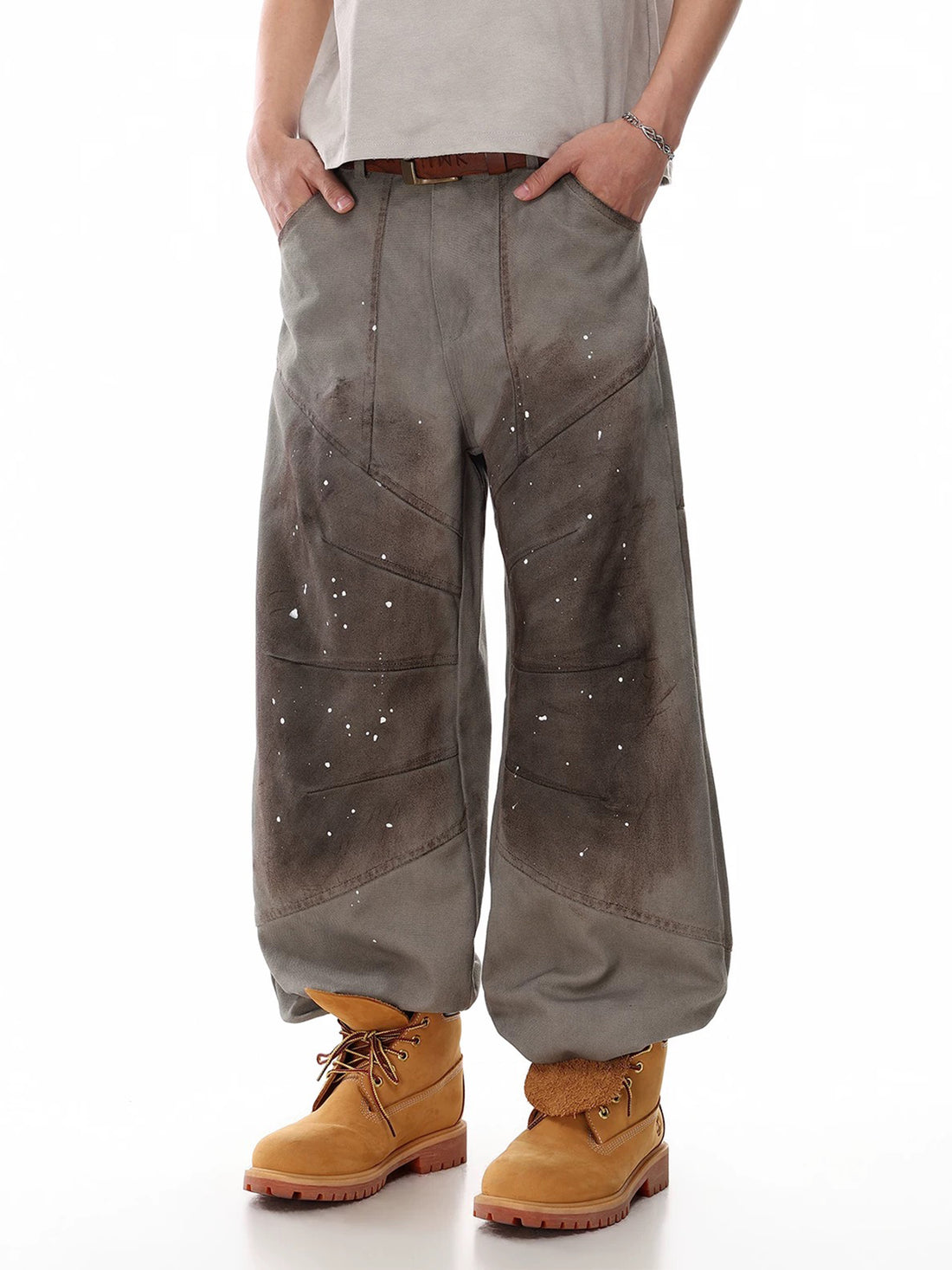 Co-ed Dorm Wide-leg Mud-Washed Graphic Cargo Pants - Brown