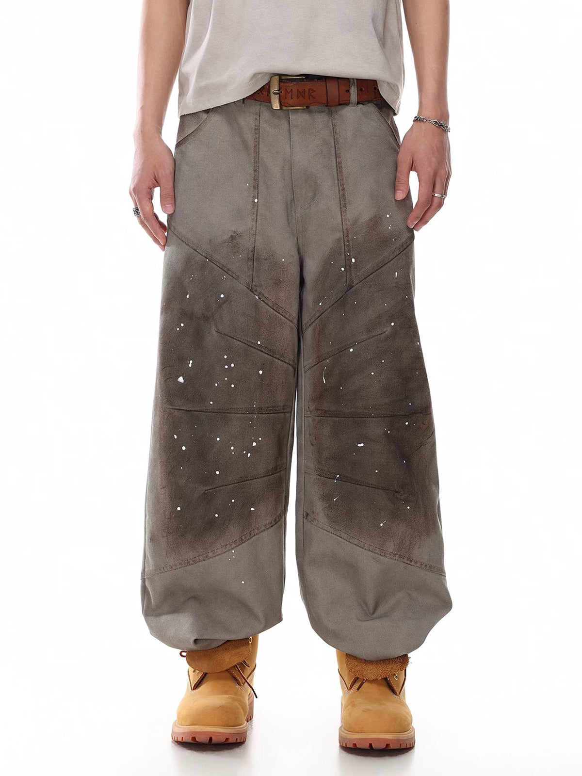 Co-ed Dorm Wide-leg Mud-Washed Graphic Cargo Pants - Brown