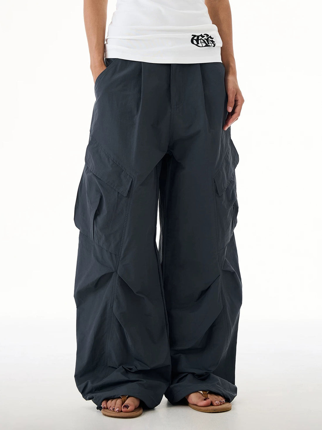 Co-ed Dorm Wide-leg Drawstring Multi-Pocket Cargo Pants - Blue