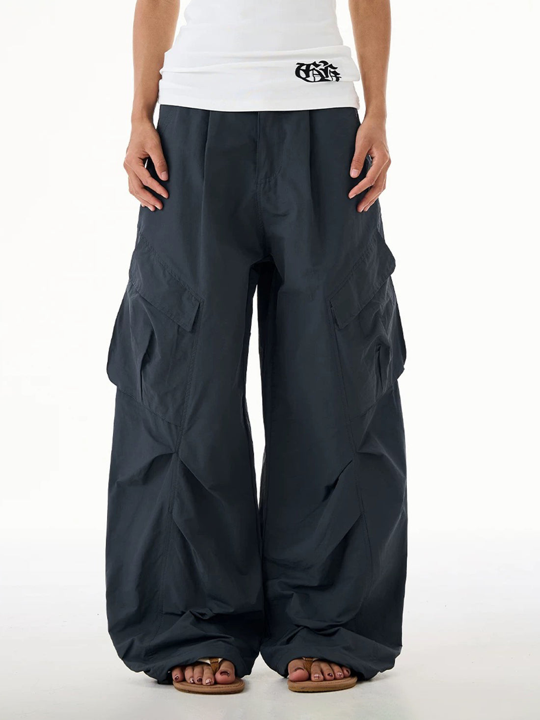 Co-ed Dorm Wide-leg Drawstring Multi-Pocket Cargo Pants - Blue
