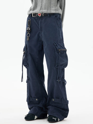 Co-ed Dorm Wide-leg Zipper Buckled Denim Pants - Blue