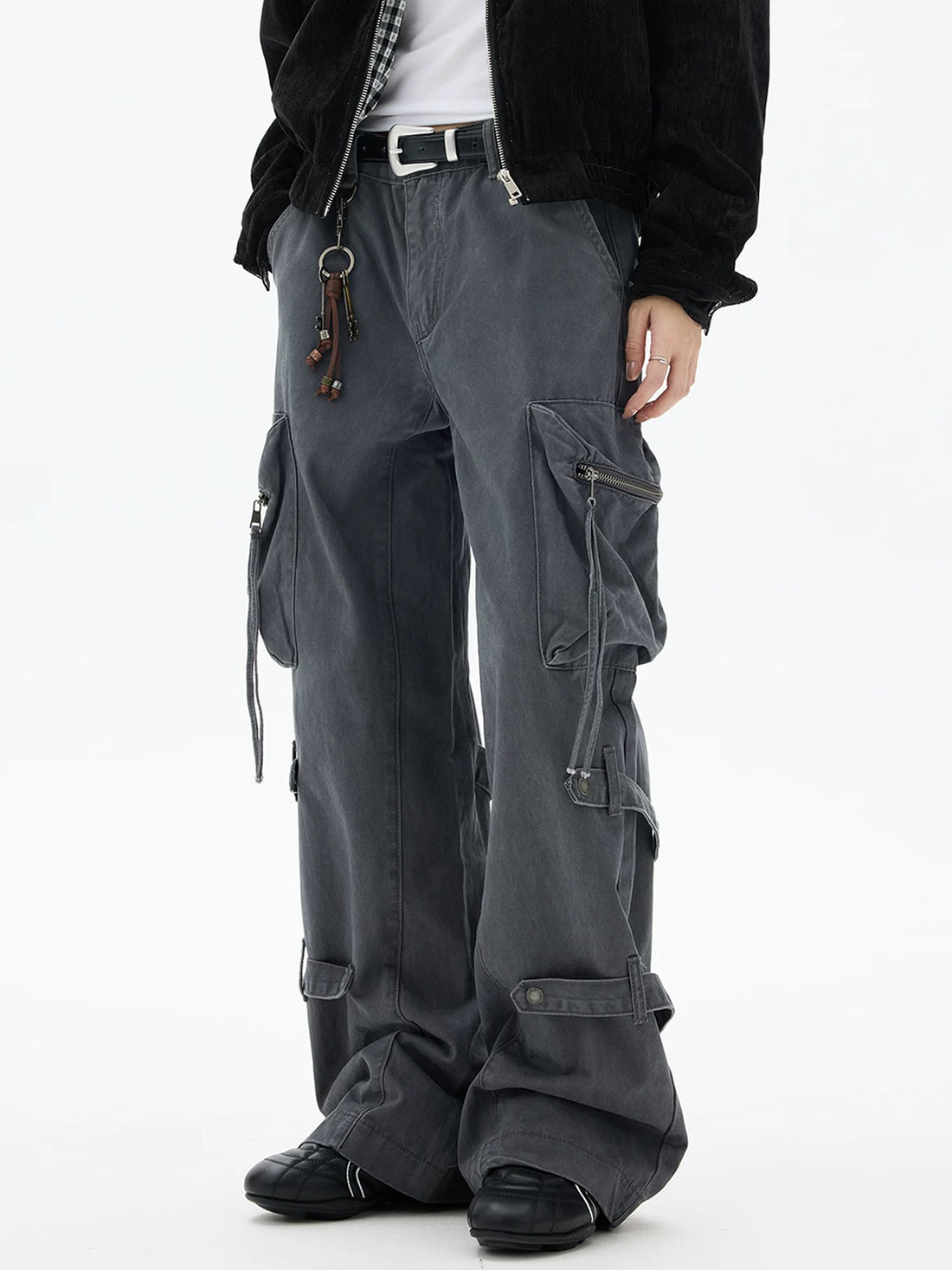 Co-ed Dorm Wide-leg Sandwashed Multi-Pocket Cargo Pants - Grey