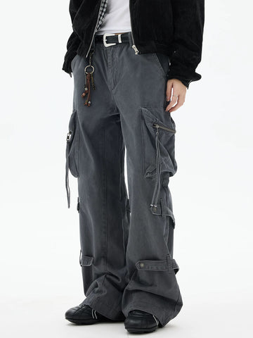 Co-ed Dorm Wide-leg Sandwashed Multi-Pocket Cargo Pants - Grey