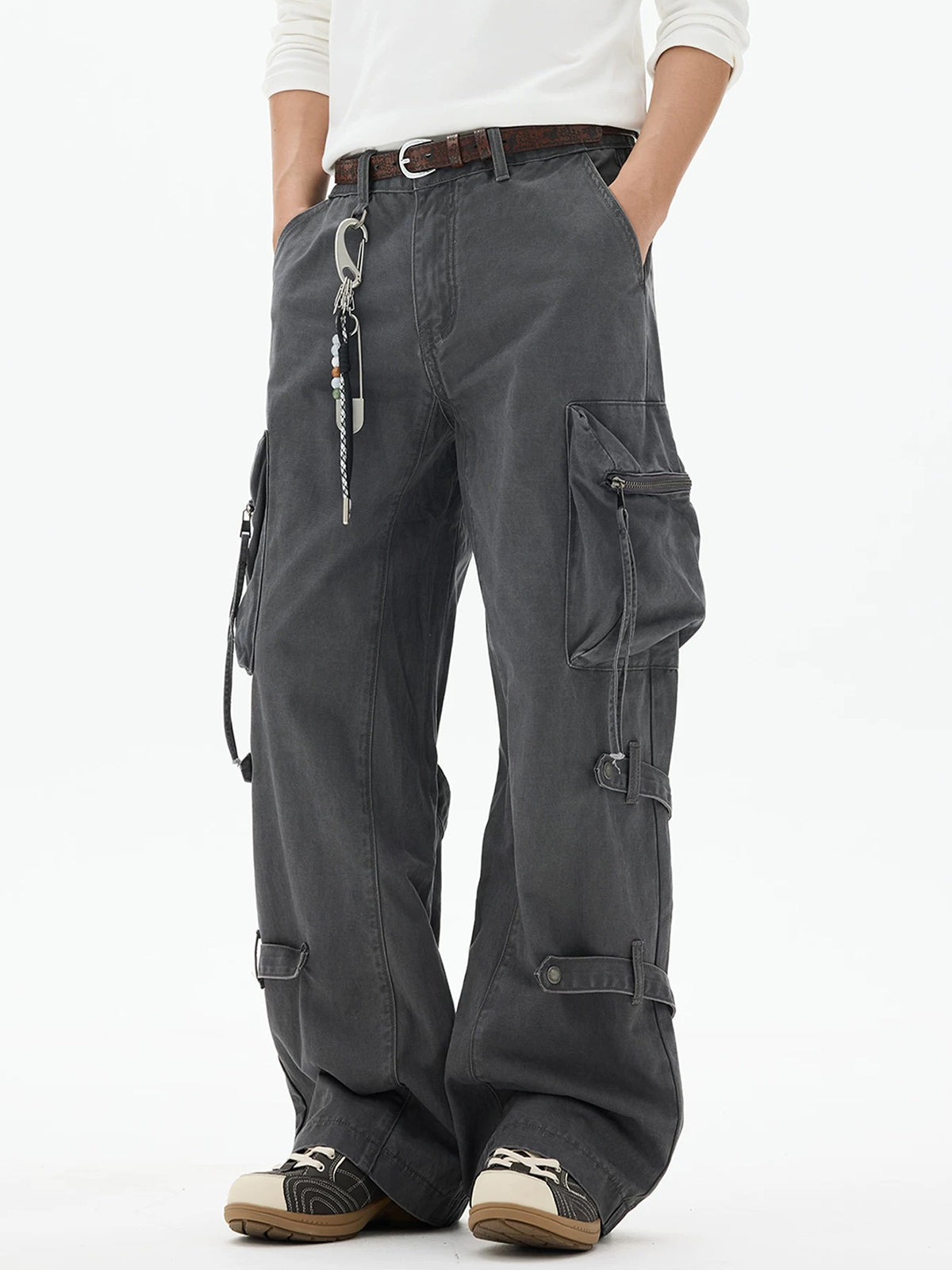 Co-ed Dorm Wide-leg Sandwashed Multi-Pocket Cargo Pants - Grey