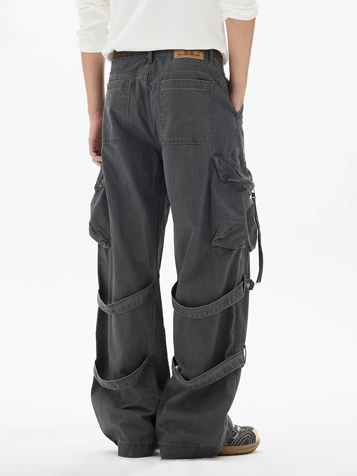 Co-ed Dorm Wide-leg Sandwashed Multi-Pocket Cargo Pants - Grey