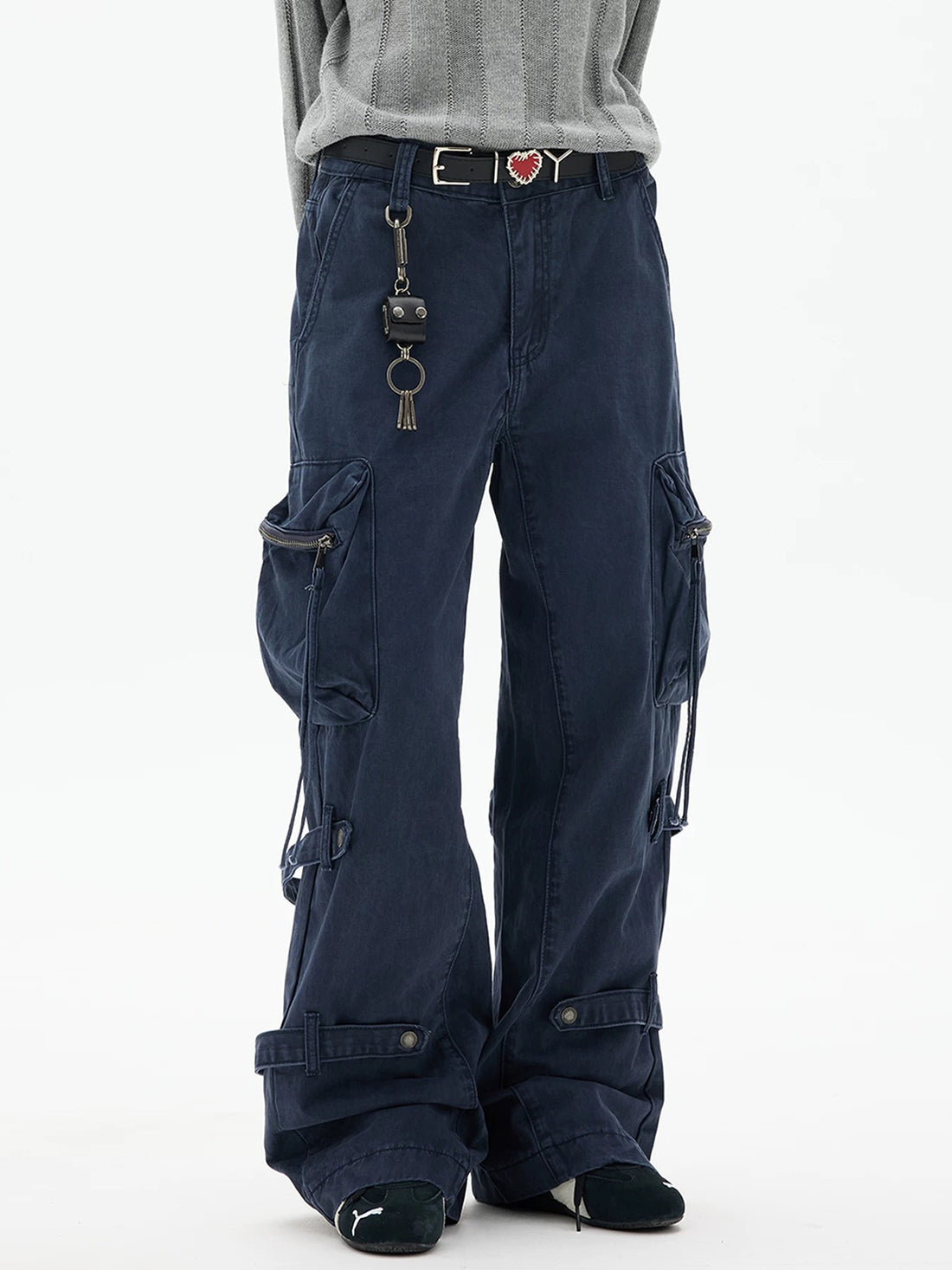 Co-ed Dorm Wide-leg Zipper Buckled Denim Pants - Blue