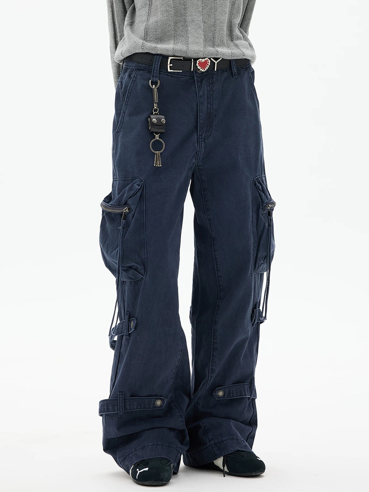 Co-ed Dorm Wide-leg Zipper Buckled Denim Pants - Blue