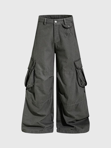 Co-ed Dorm Wide-leg Multi-Pocket Cargo Pants - Black