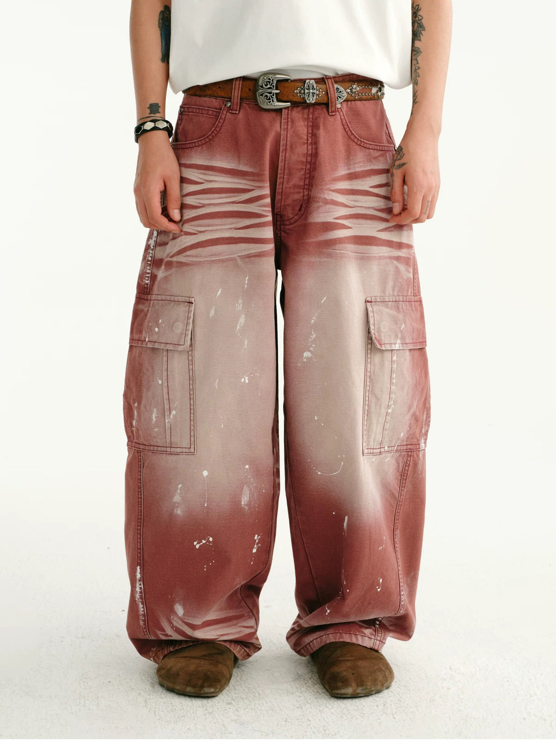 Co-ed Dorm Wide-leg Distressed Mud-Washed Denim Pants - Red