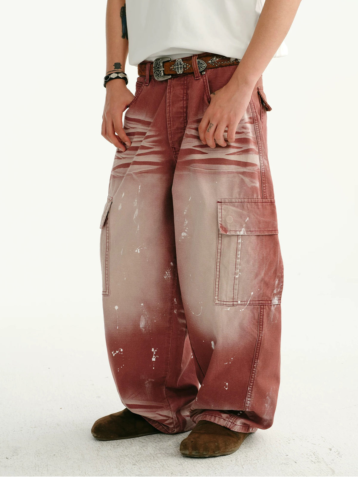 Co-ed Dorm Wide-leg Distressed Mud-Washed Denim Pants - Red