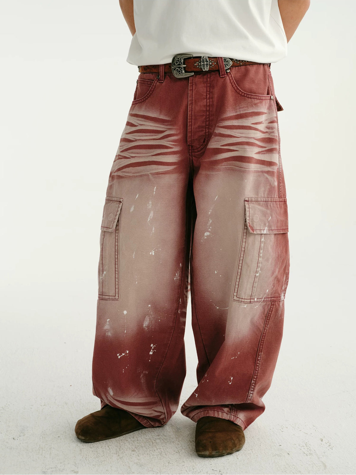 Co-ed Dorm Wide-leg Distressed Mud-Washed Denim Pants - Red