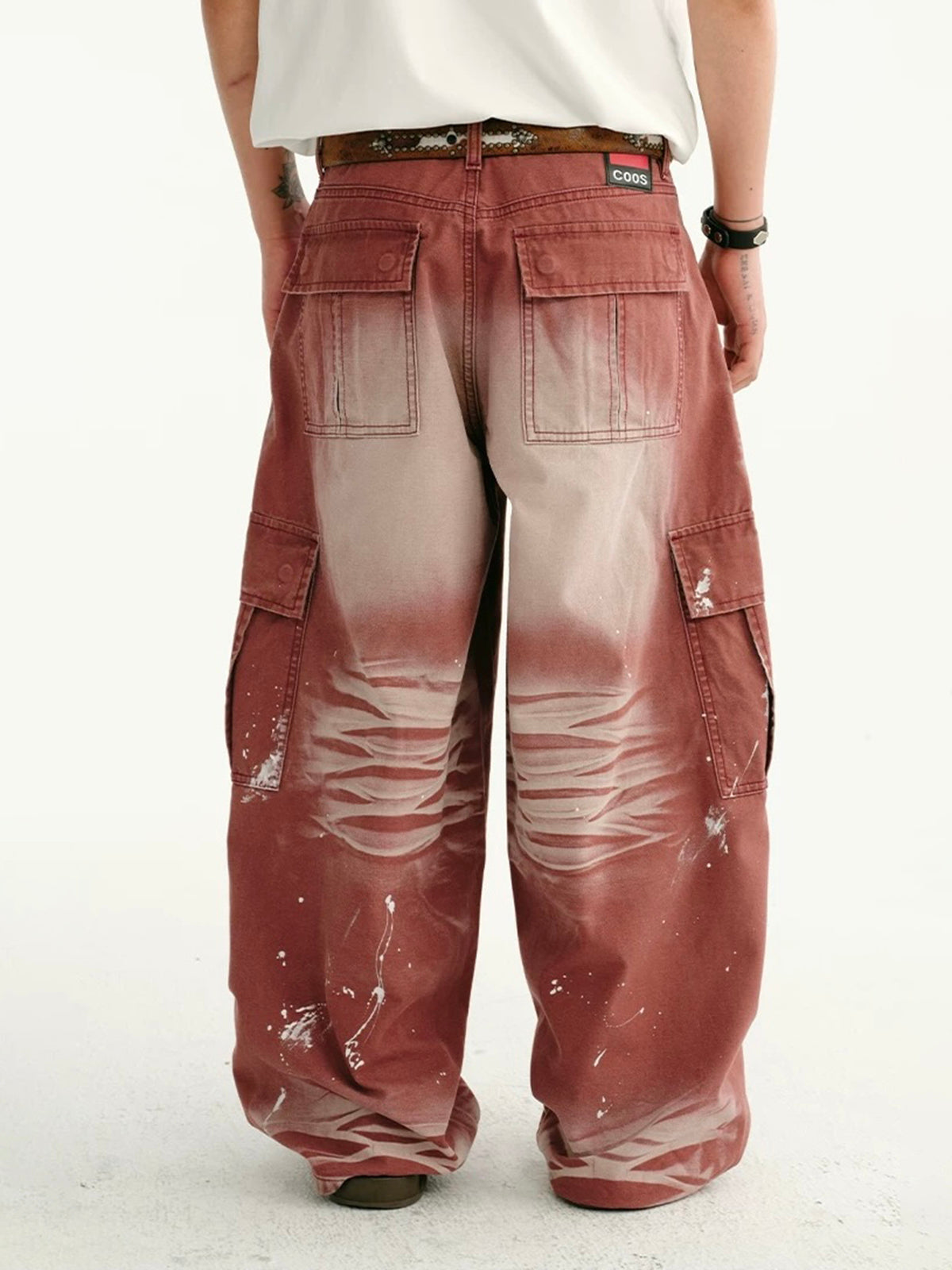 Co-ed Dorm Wide-leg Distressed Mud-Washed Denim Pants - Red