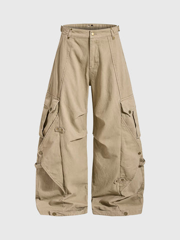 Co-ed Dorm Wide-leg Distressed Multi-Pocket Cargo Pants - Beige