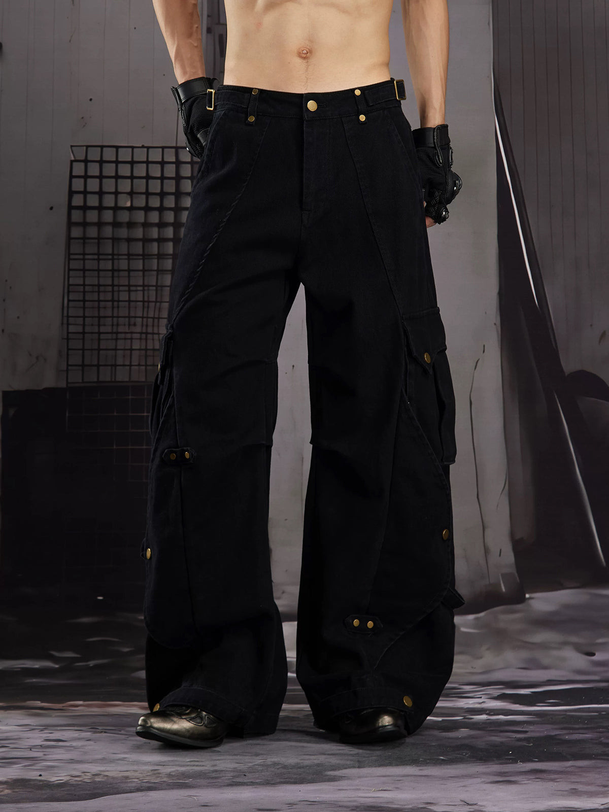 Co-ed Dorm Wide-leg Rivet Studded Cargo Pants - Black