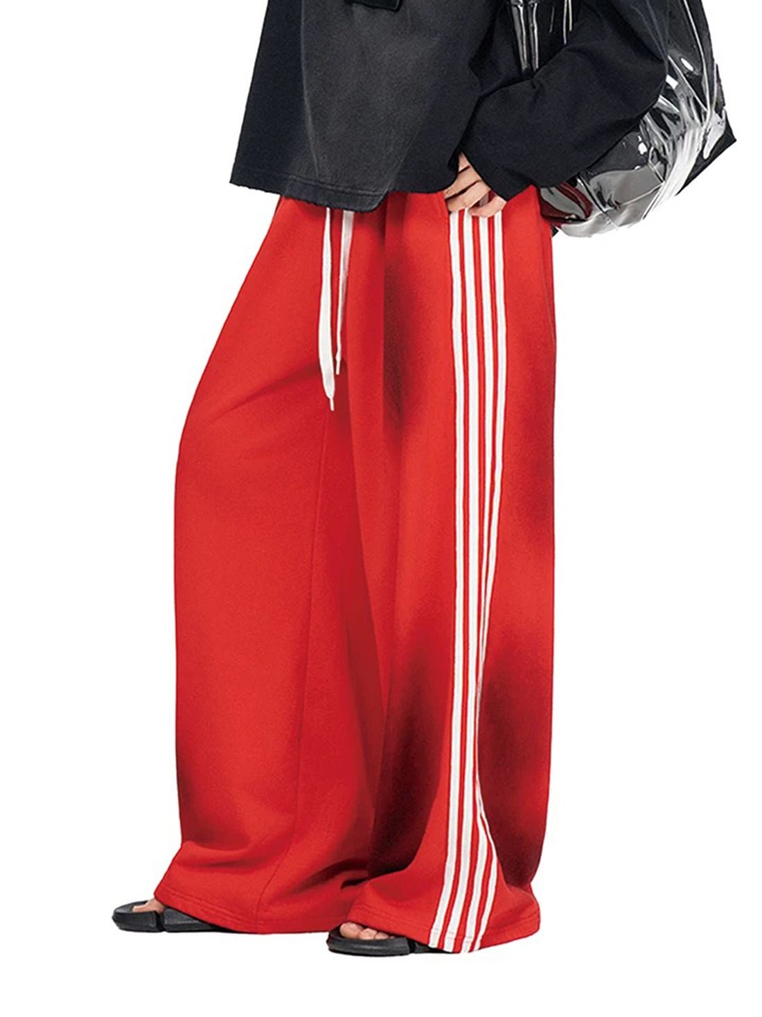 Co-ed Dorm Wide-leg Side Striped Sweatpants - Red