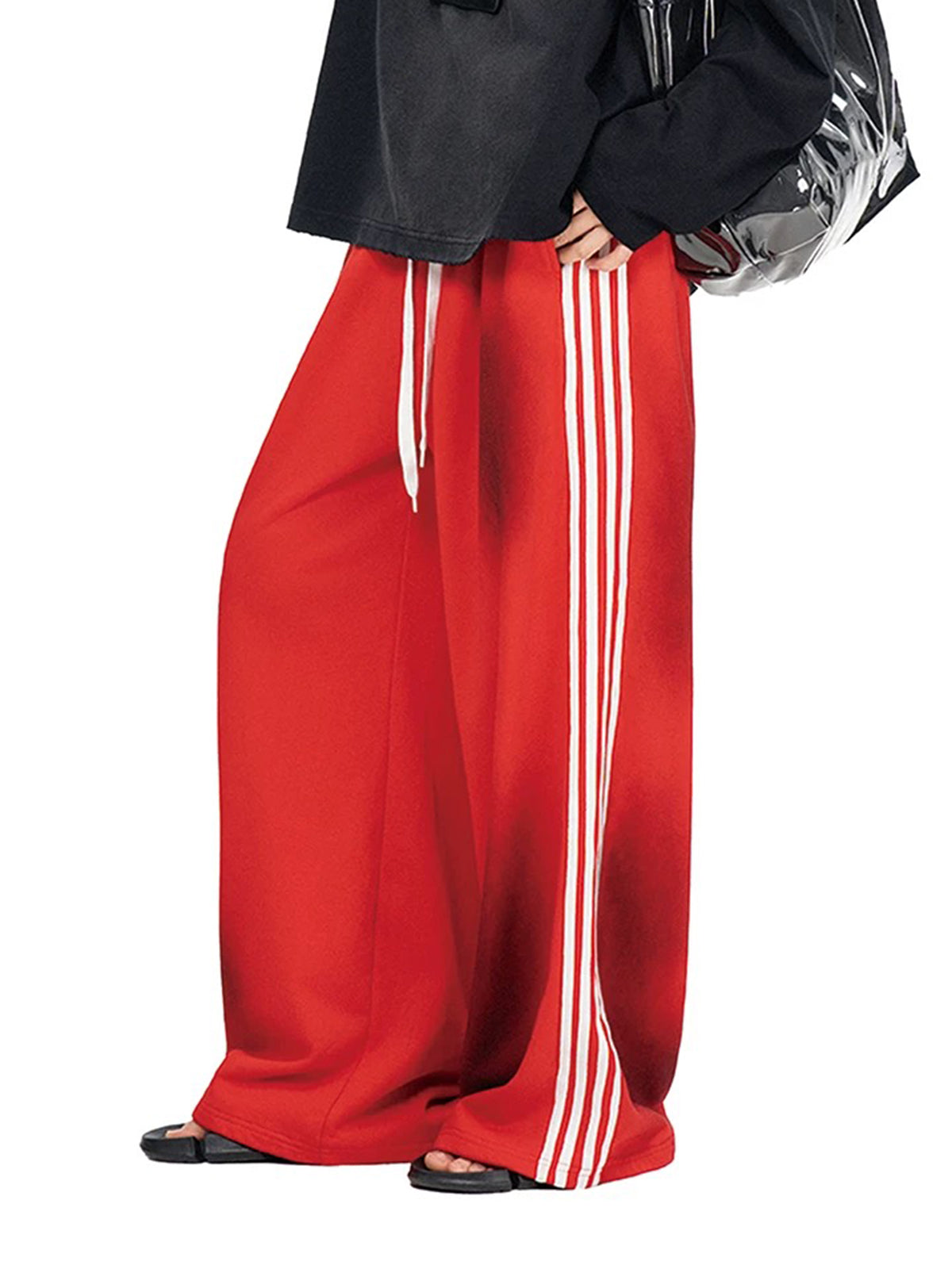 Co-ed Dorm Wide-leg Side Striped Sweatpants - Red