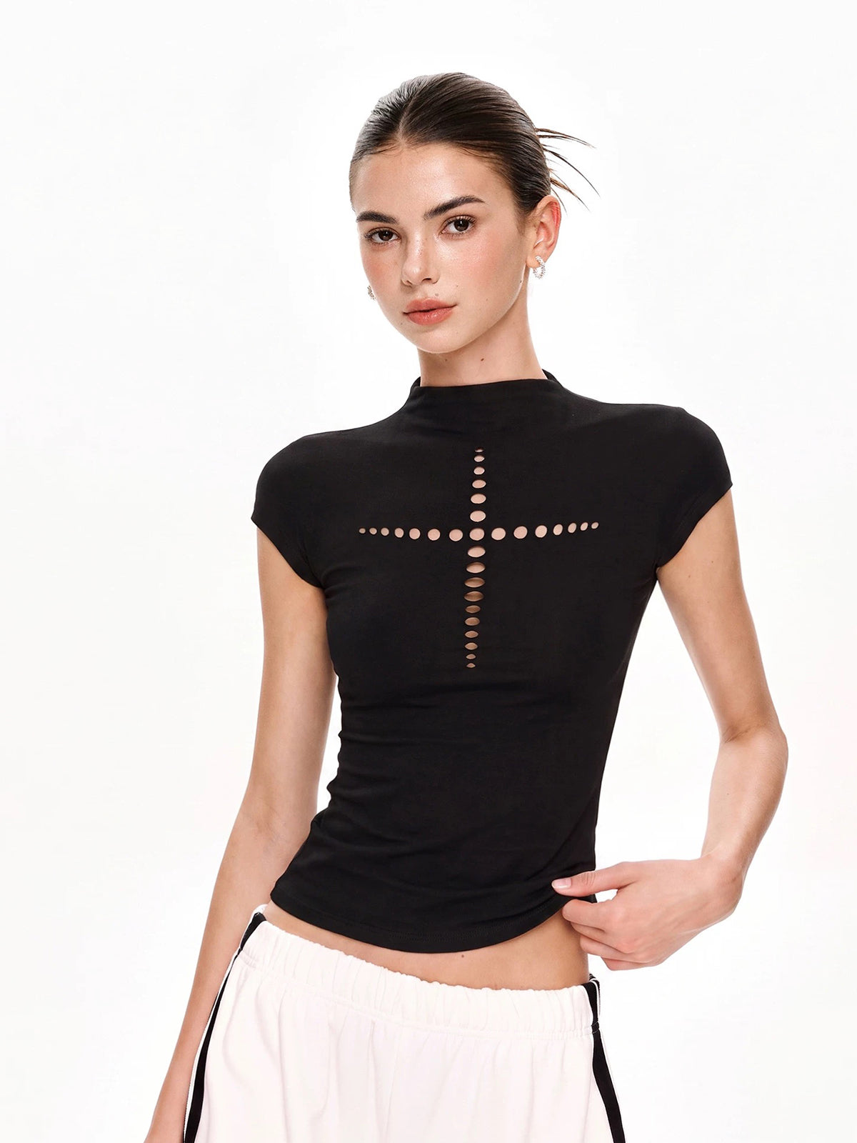 Dolled Office Skimming Gothic Cross Cutout Tee - Black