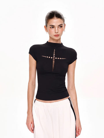 Dolled Office Skimming Gothic Cross Cutout Tee - Black