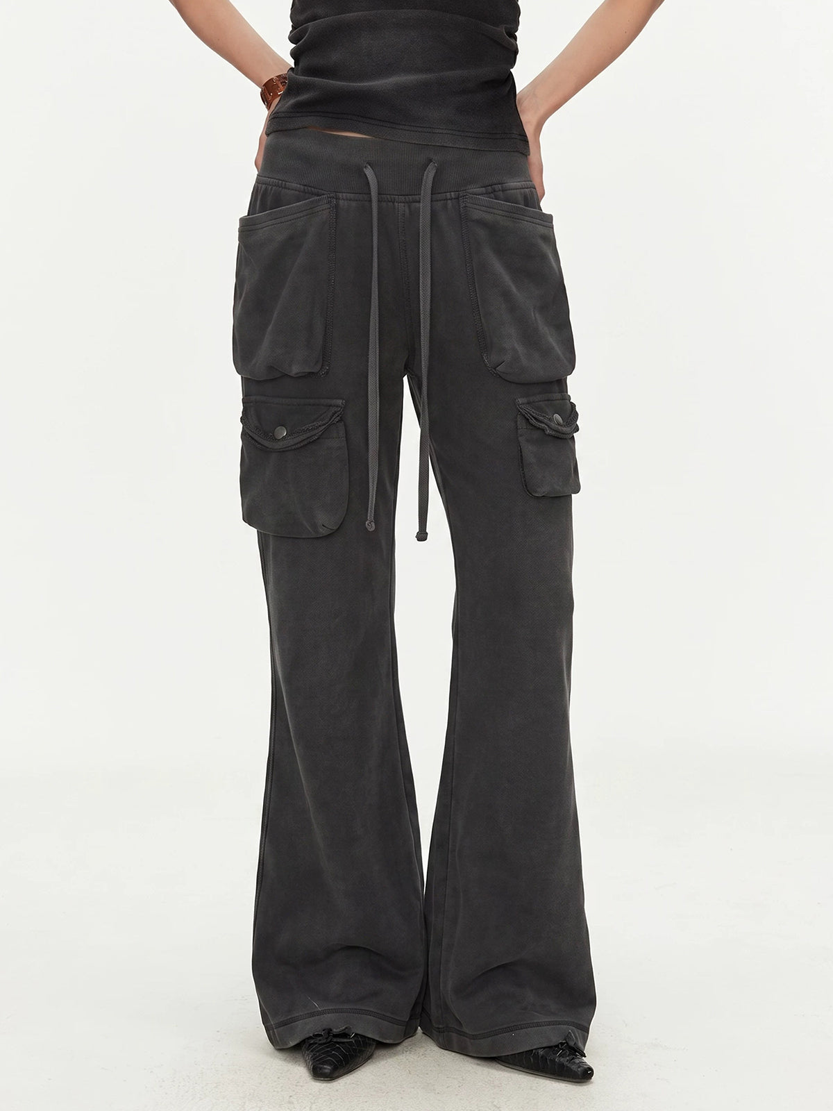 Brick Lane Flared Multi-Pocket Cargo Pants - Black