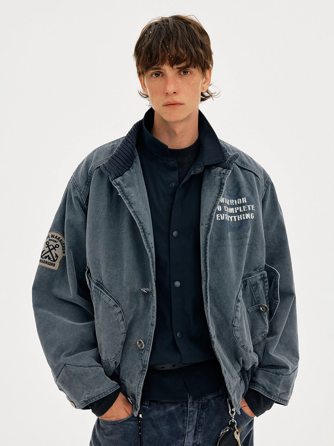 Co-ed Dorm Loose Washed Graphic Cropped Denim Jacket - Blue